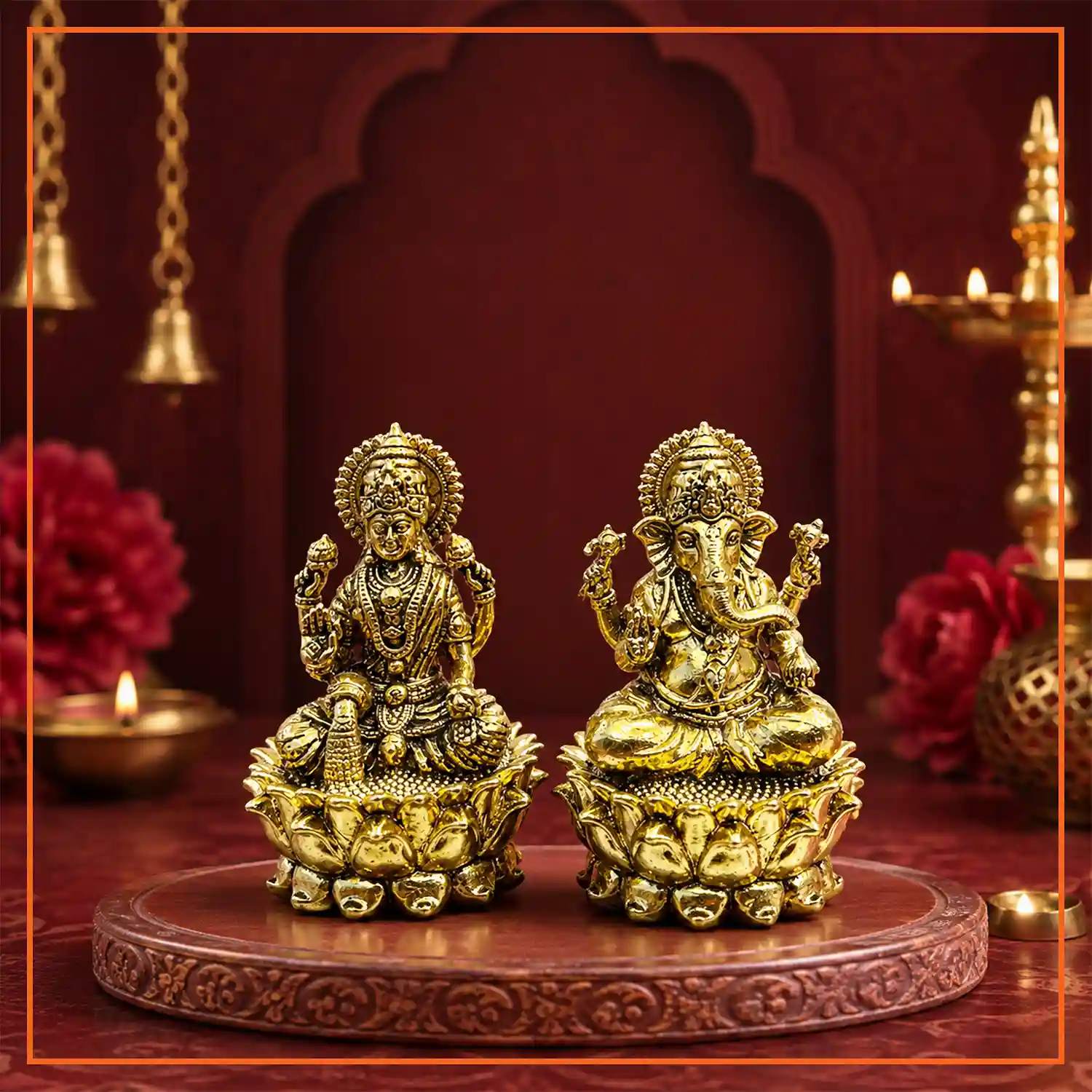 Round Padma Lakshmi Ganesh Idol Set | Pure Brass Round Padma Lakshmi Ganesh Idol Set | 5 cm